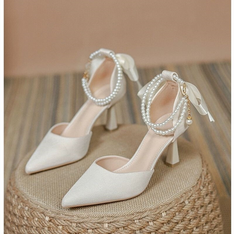 Fairy-Style Chunky Heel Sandals for Women, Summer 2025 New Model, Gentle Style, Suitable for Pairing with Dresses, High Heels, Hollow Design, Single Strap Bridesmaid Shoes