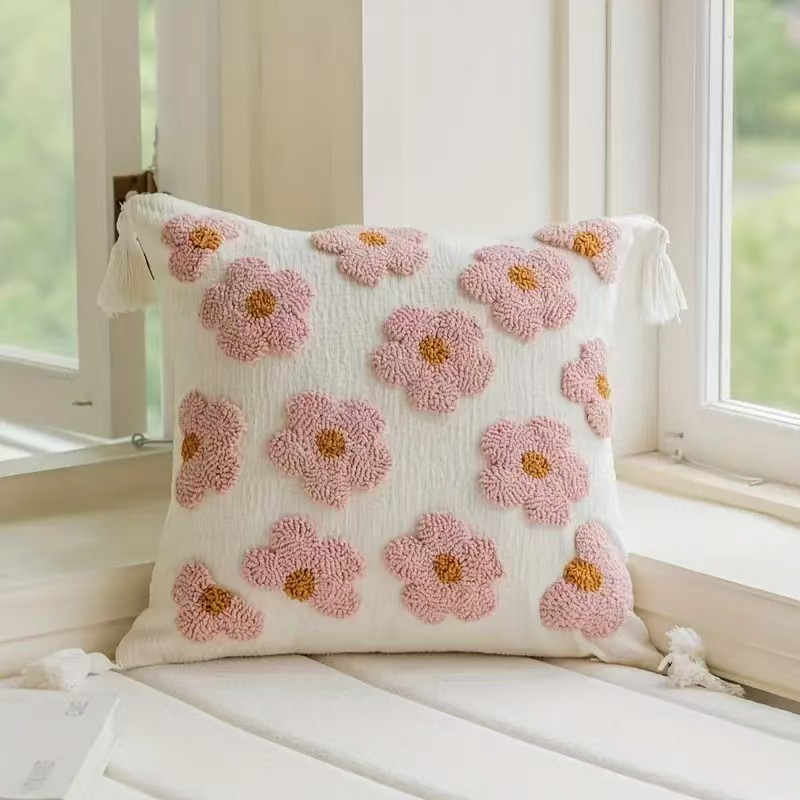 Cojín decorativo Chenille 2024, nuevo modelo, con flores pequeñas bordadas en tres dimensiones, para cabecera, dormitorio, sala de estar, ventana, con un toque de diseño.