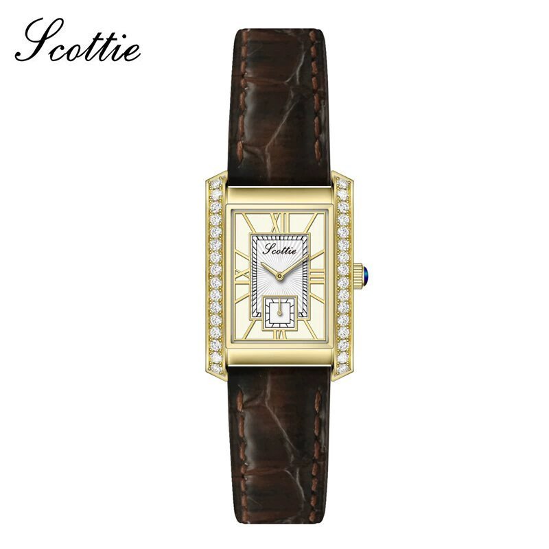 Женские часы (SCOTTIE 9655) квадратный корпус, стальная браслет, циферблат с кристаллами, независимые секунды