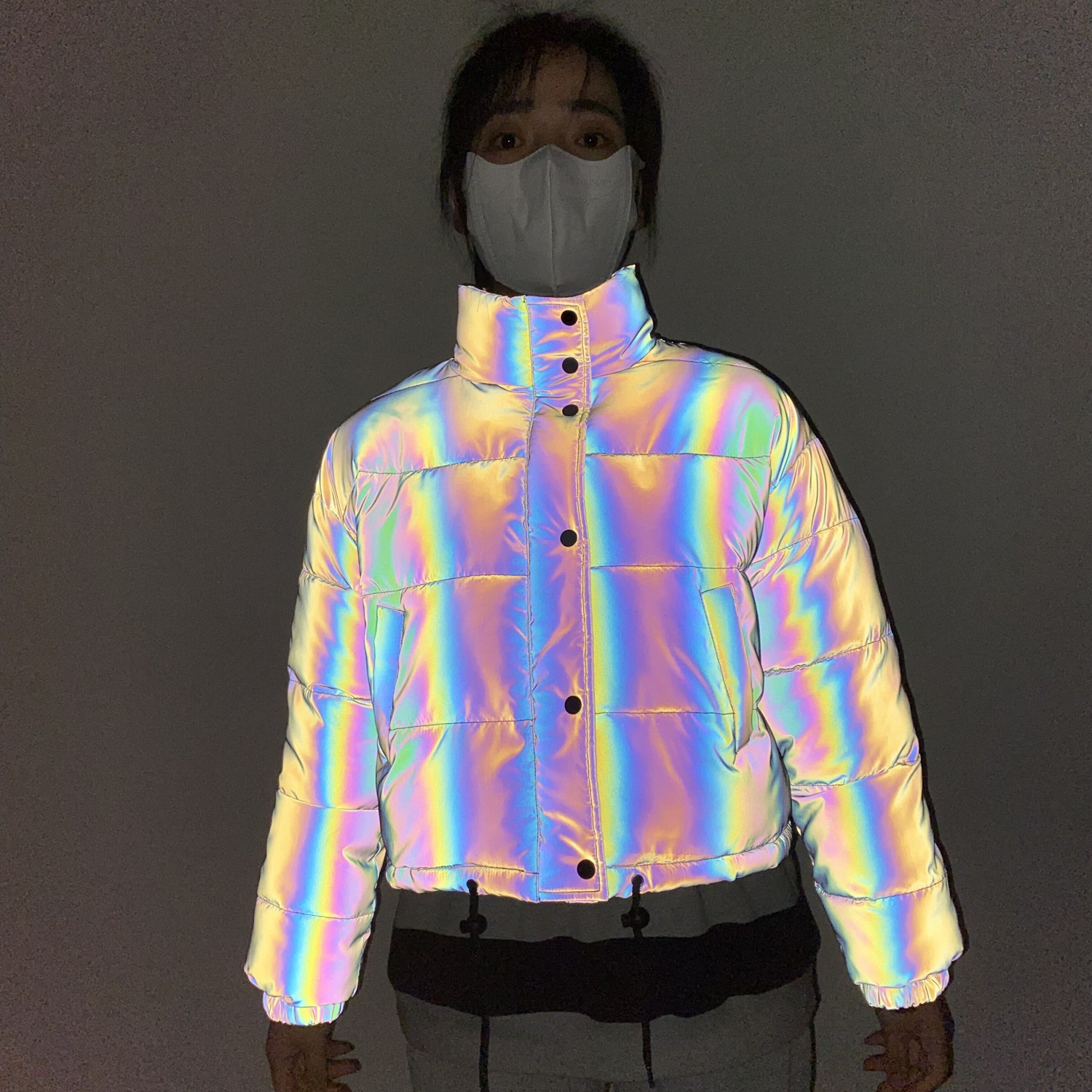 Men's Clothing stand collar reflective cotton coat for women fashion luminous thick cotton coat_voghion.com