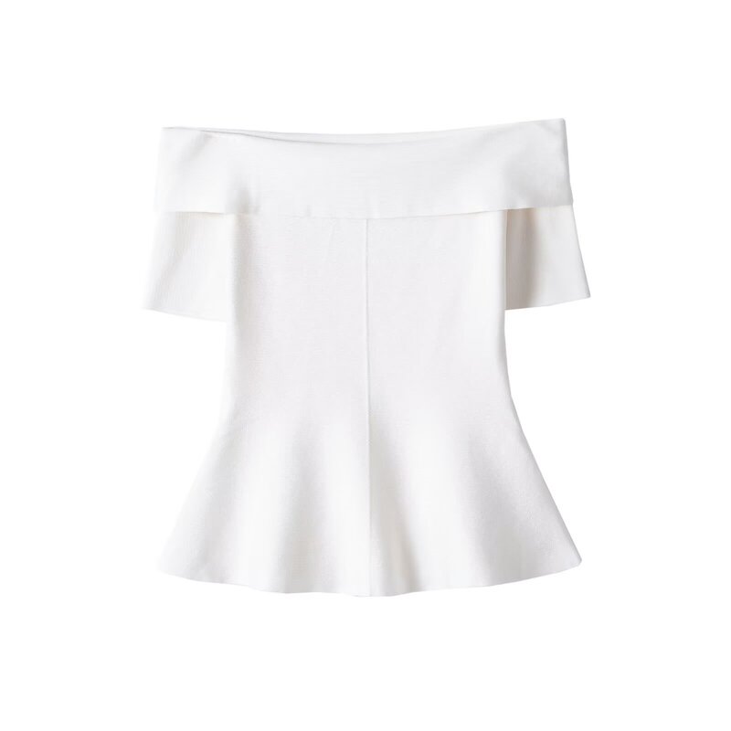 Myst&Za Cross-Border Women's Clothing Summer New Product Off-The-Shoulder Ruffled Short-Sleeved Waist-Cinching Fishtail Hem Knitwear 5536082