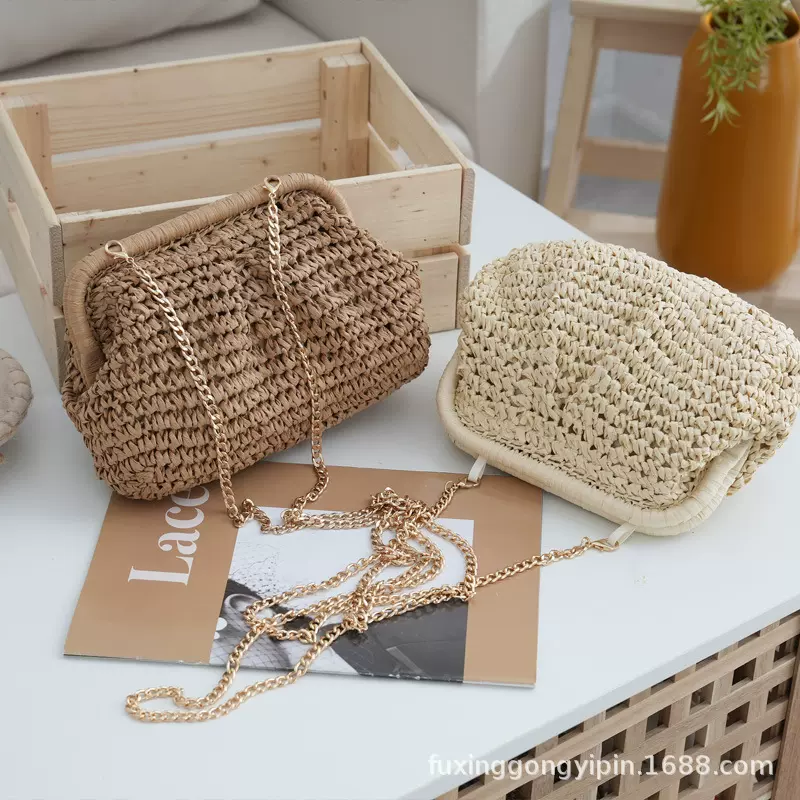 草编时尚链条编织镂空单肩包2026春夏新款小众女包休闲夹扣斜挎包