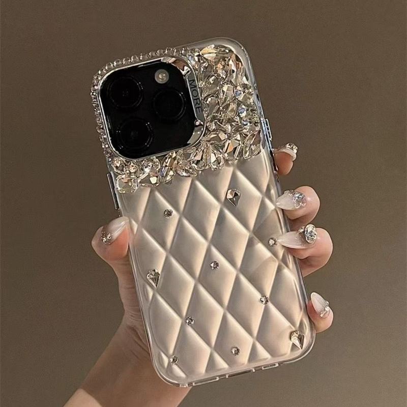 高颜值水钻适用苹果16promax手机壳iPhone15/14菱格闪钻13/12女款|undefined