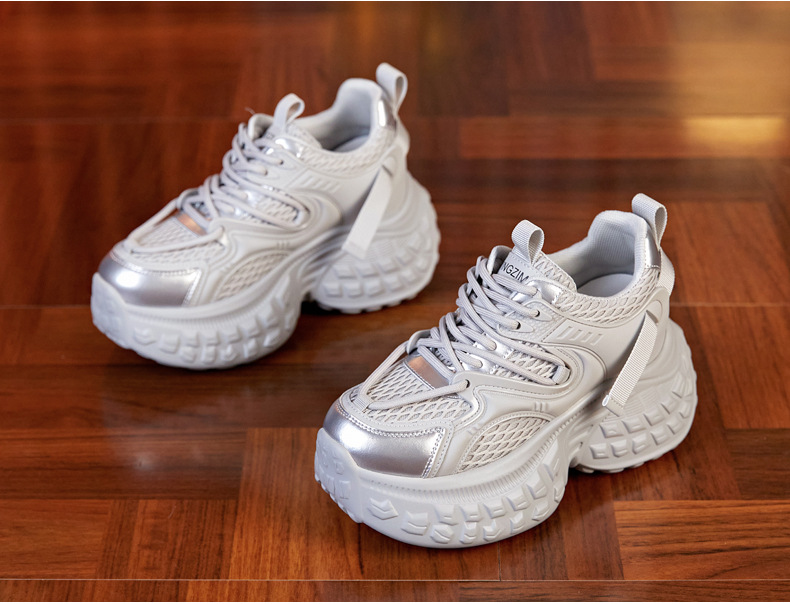 Giày sneaker nữ chunky đế dày độn cao, mặt lưới thoáng khí mùa hè thu — Màu be chi tiết 4