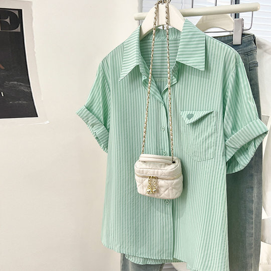 2024 Summer Women's New Women's Short Sleeve Shirt Striped Chiffon Shirt Shirt Belly Covering Slim Shirt