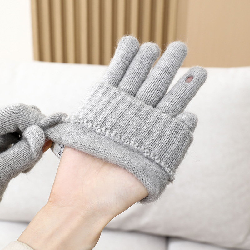 新しい冬の保温かわいいタッチパネルとベルベットの厚い手袋秋冬成人毛銭五本指刺繍露指手袋|undefined