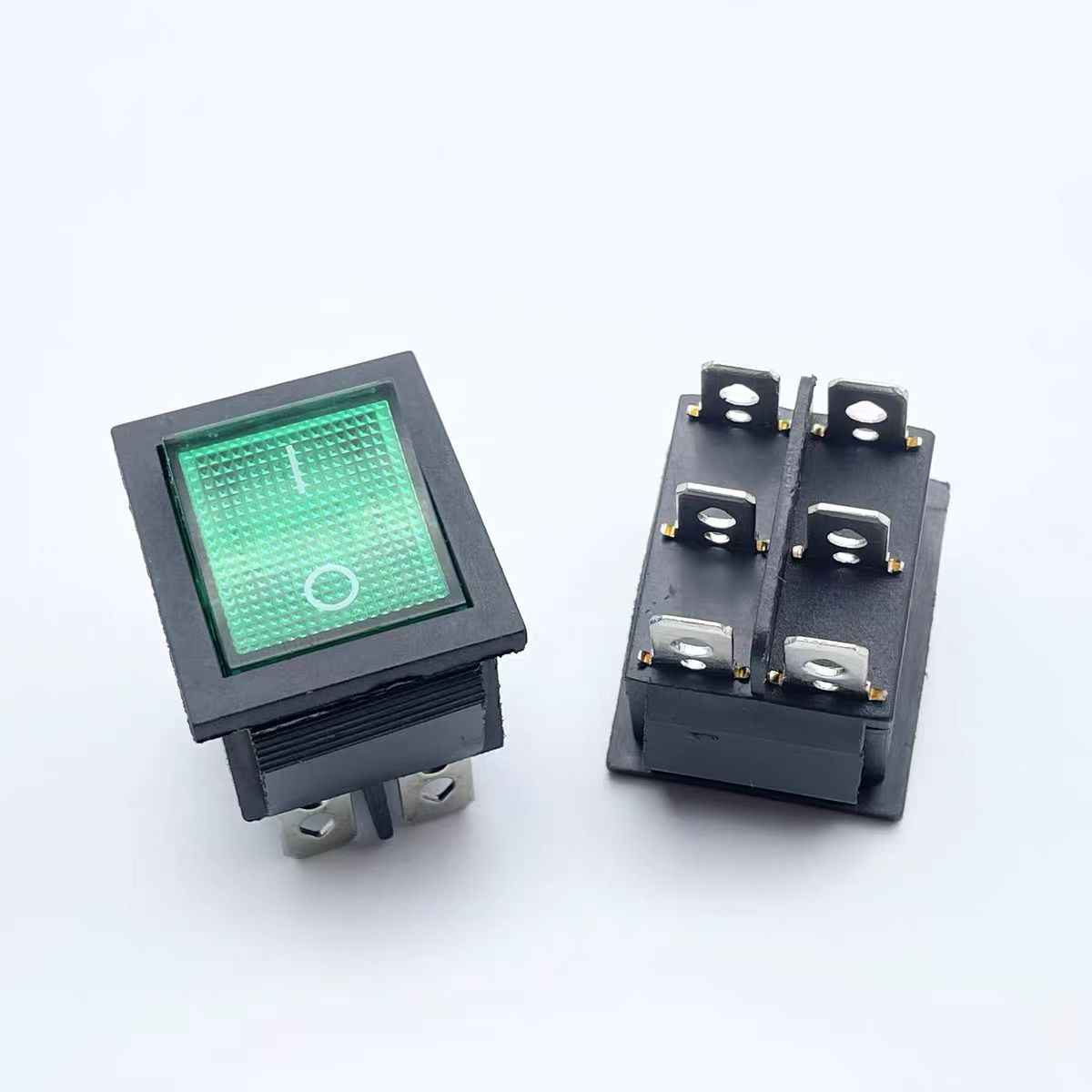 按键开关KCD4-202N绿色带灯船型开关6脚2档 翘板开关电源器具开关