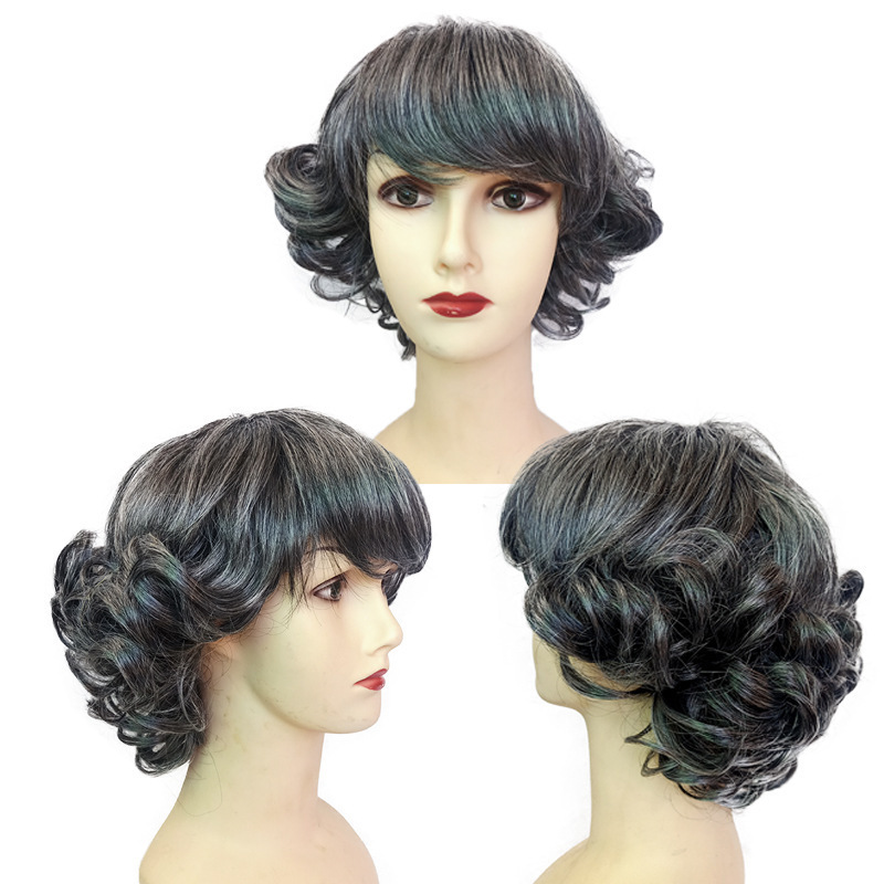 Silver-Gray Granny Wig Short Curly Hair Wig Stage Festival Costume Gray-White Short Hair Wig Short French-Style Curly Hair