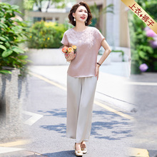 妈妈夏装高档短袖套装50岁中老年女装凉快透气短袖T恤衫上衣套装