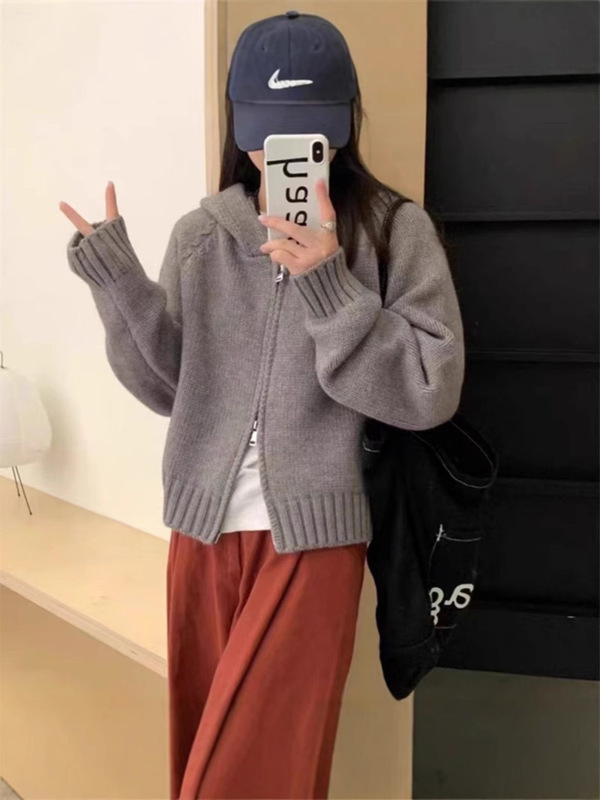 双拉链连帽针织开衫女秋季韩系慵懒风小众设计感叠穿短款别致外套|undefined