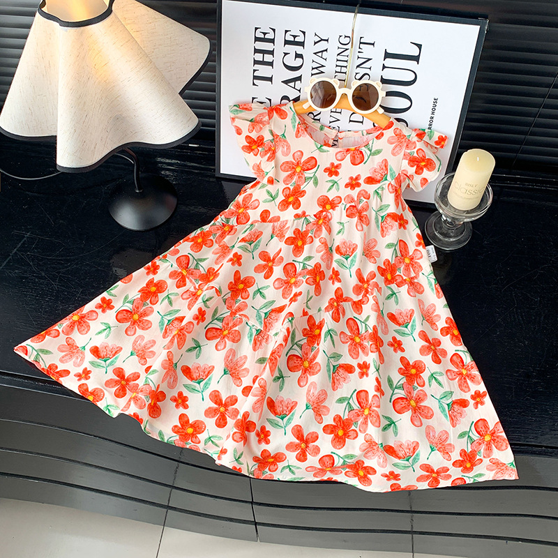 2026 Summer New Style Cotton Silk Dress with Flutter Sleeves, Super Cute Princess Dress for Little Girls, Thin Summer Clothing