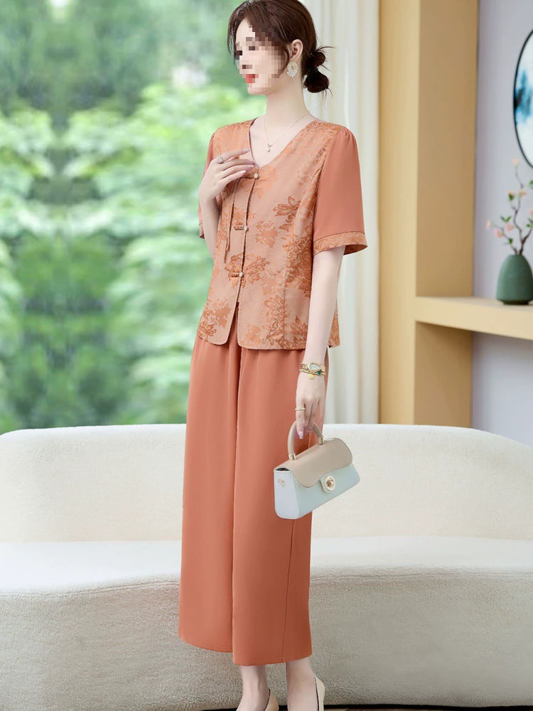 25 новых летних нарядов с короткими рукавами для женщин среднего и пожилого возраста, новые топы-кардиганы в китайском стиле и широкие брюки, комплект из двух предметов.
