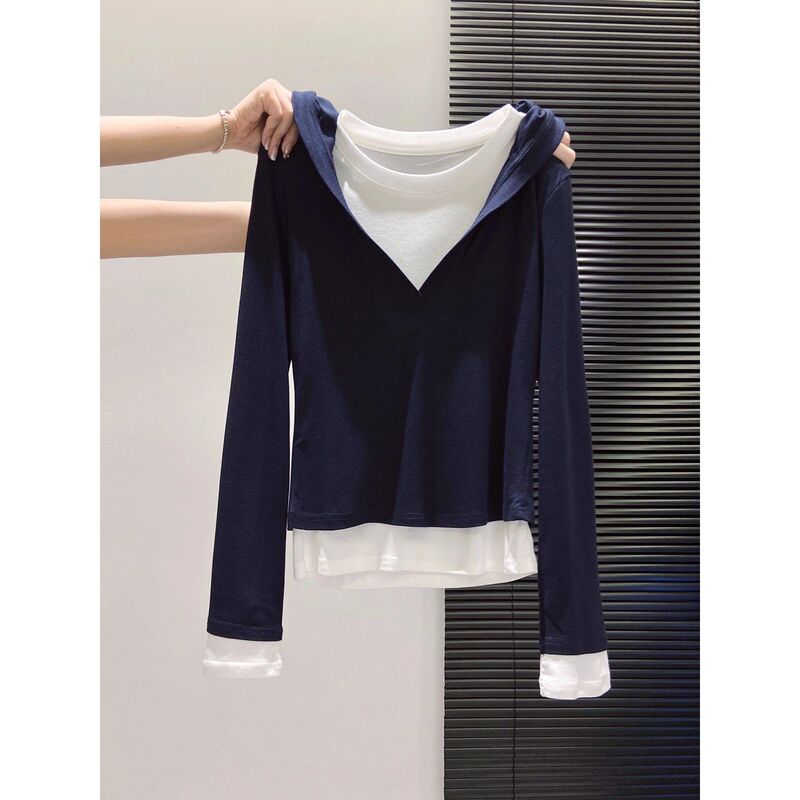 Fake Two-Piece Base Layer Women's 2026 Early Autumn New Style High-End Design Color-Blocking Long-Sleeve T-Shirt Hooded Top Fake Two-Piece Base Layer Women's 2026 Early Autumn New Style High-End Design Color-Blocking Long-Sleeve T-Shirt Hooded Top