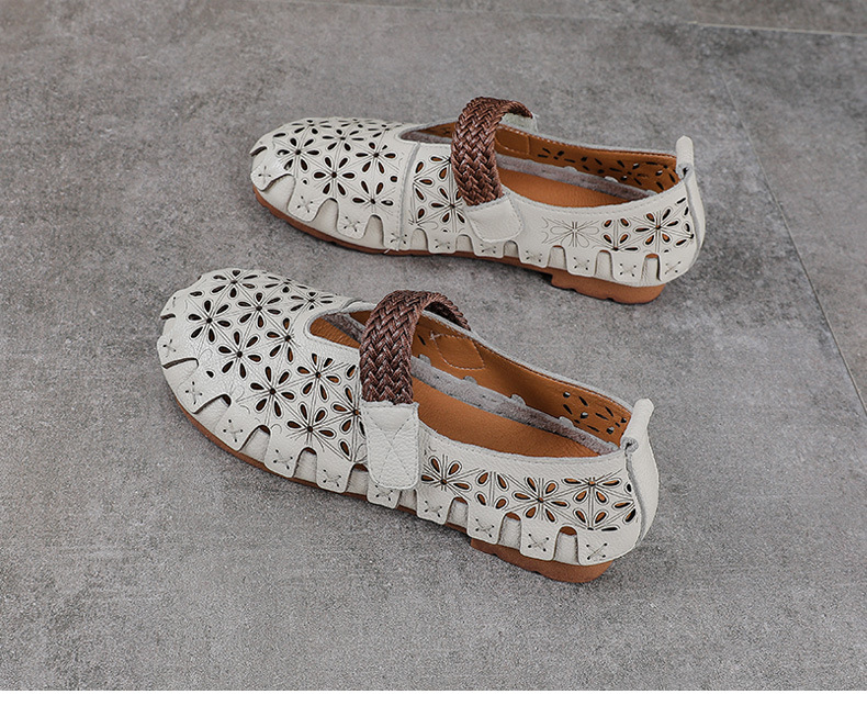 Sandal nữ da bò thật đế bệt phong cách retro họa tiết rỗ — màu trắng chi tiết 15