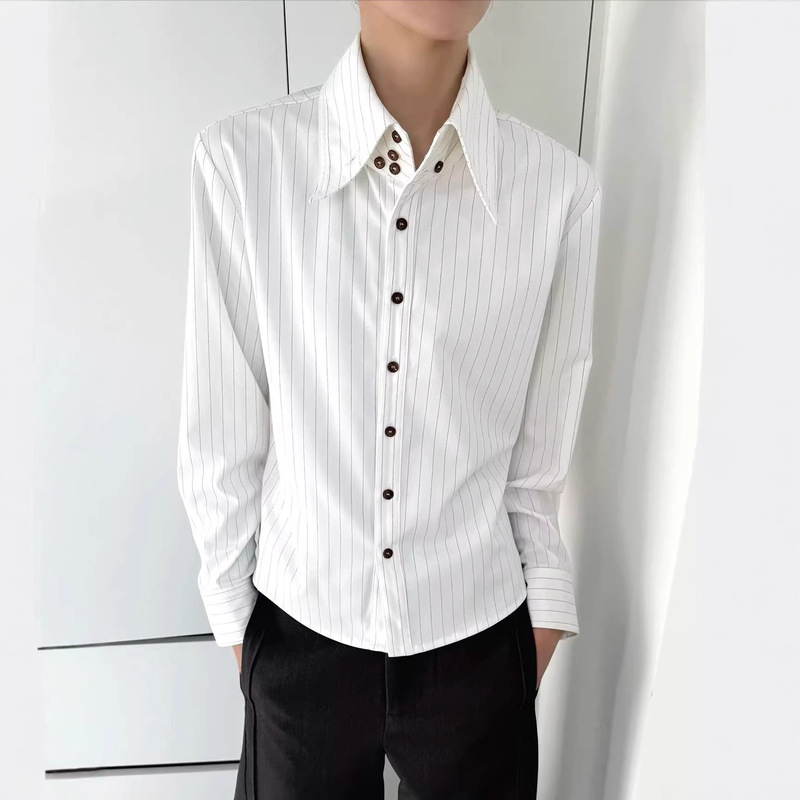 Commuter Style High Collar Striped Lapel Shirt for Men, Long Sleeve Loose Fit Business Wear Elegant Shirt for Men Commuter Style High Collar Striped Lapel Shirt for Men, Long Sleeve Loose Fit Business Wear Elegant Shirt for Men