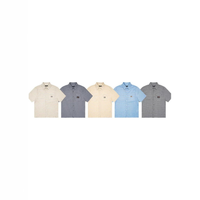 Stussy Crinkled Check Ss Shirt Label Logo Pleated Plaid Short-Sleeved Shirt Couple Style