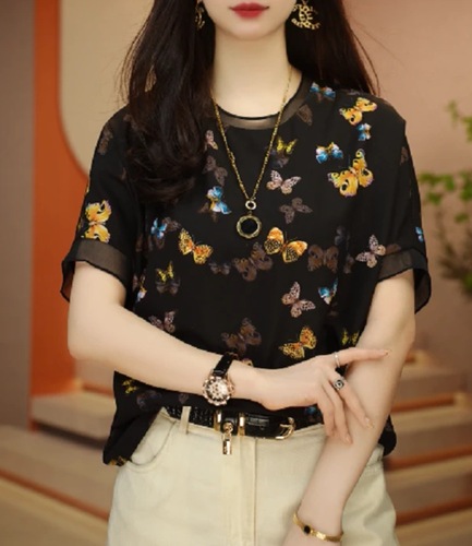 Lace Short-Sleeve Blouse for Women - Pretty Spring and Summer Top, Stomach Covering, Loose and Stylish