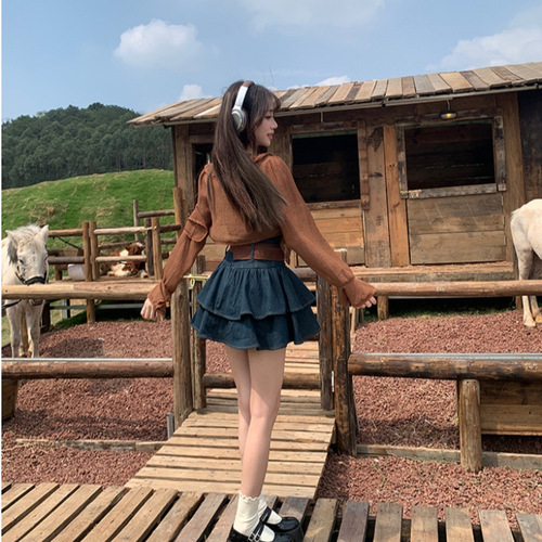 2025 Summer Women's Post-Apocalyptic Style Denim Suspender Dress + Cropped Cardigan Set for Petite Figures