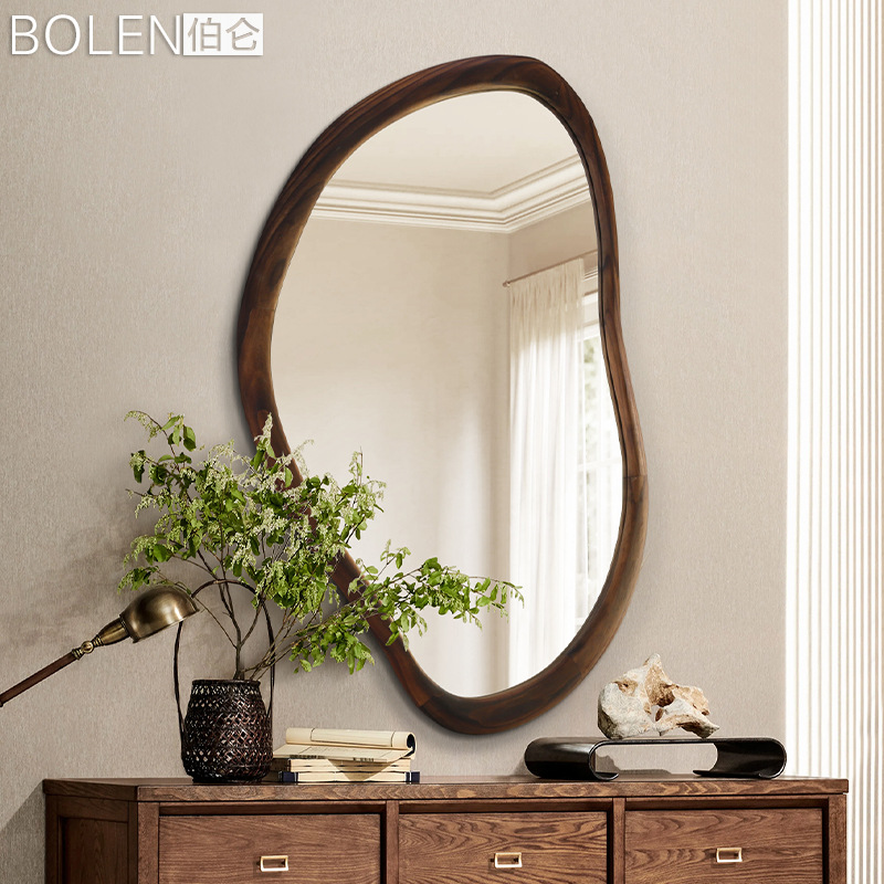Bolen Solid Wood Special-Shaped Retro Decorative Mirror Wall-Mounted Bathroom Mirror American Walnut Retro Dressing Mirror