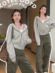 灰色短款连帽卫衣拉链初秋外套女春秋修身小个子韩系开衫上衣秋季