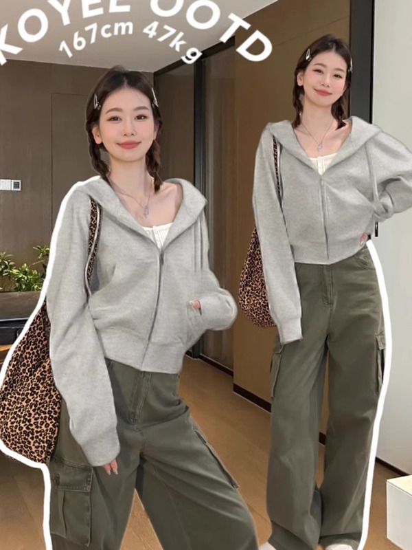 灰色短款连帽卫衣拉链初秋外套女春秋修身小个子韩系开衫上衣秋季|undefined