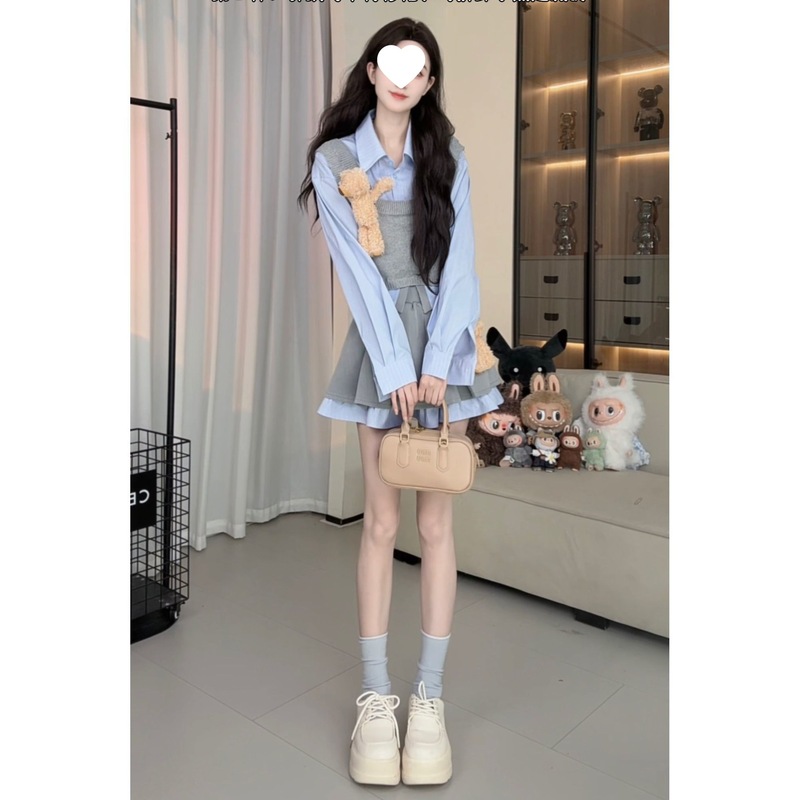 韩版学院风蓝色长袖衬衫灰色背心马甲拼接显瘦半身裙两件套套装女|undefined