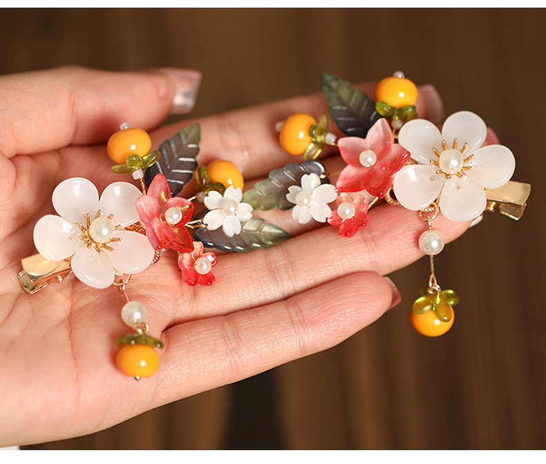 Persimmonförmige Haarspangen, 2 Stück, chinesischer Stil, Mädchen-Haarnadel für Hanfu-Dekor, Retro-Perlen-Blumen-Haarspangen, niedliche Neujahrs-Kopfbedeckung – Detail 14
