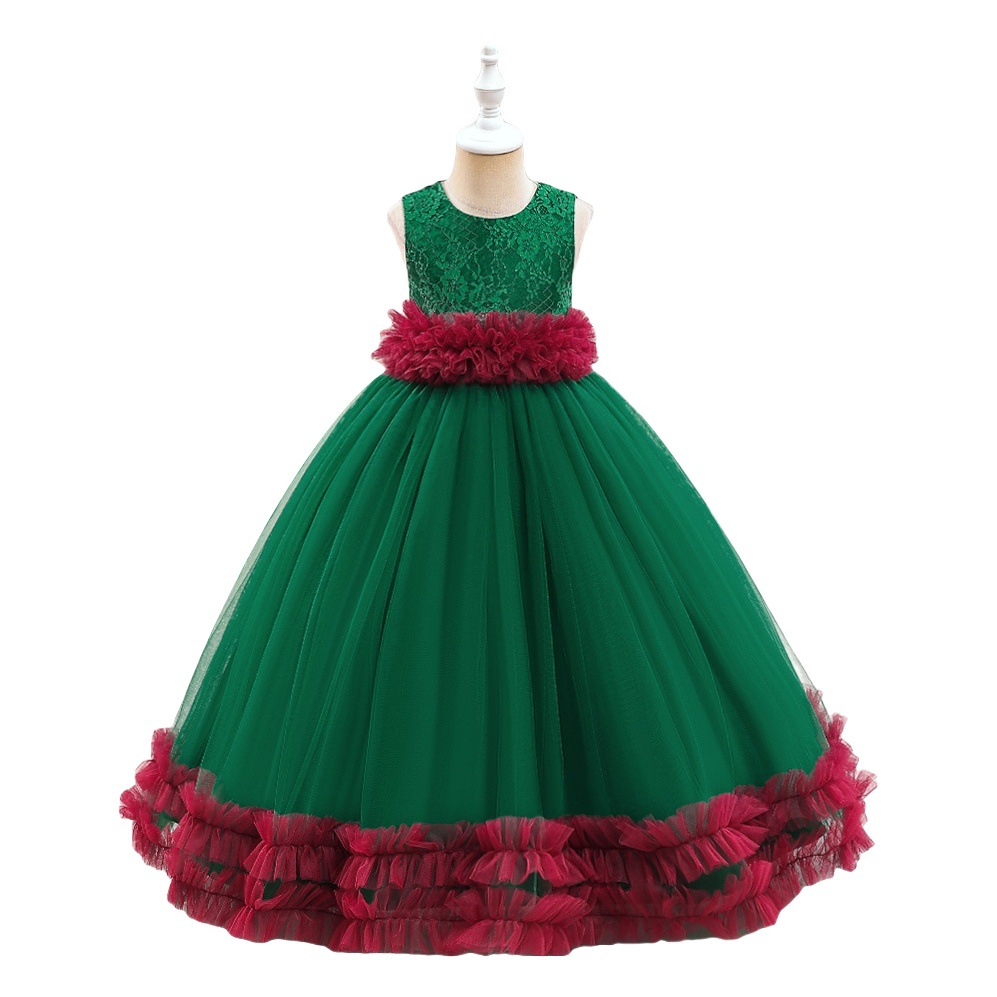 Amazon nuevo Navidad Nochebuena fiesta banquete vestido mediano y grande niños malla bordado vestido princesa vestido en stock