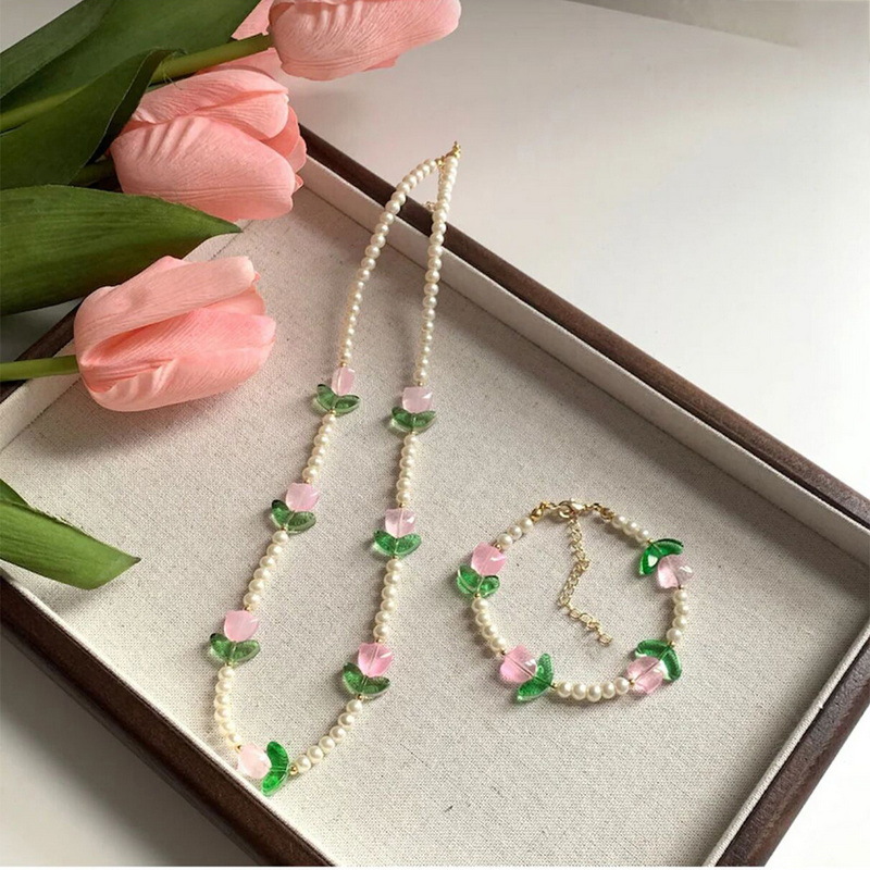 Holiday, Daily Occasion Alloy Material Tulip Pattern Sweet Tulip Alloy Beaded Women's Bracelets Necklace
