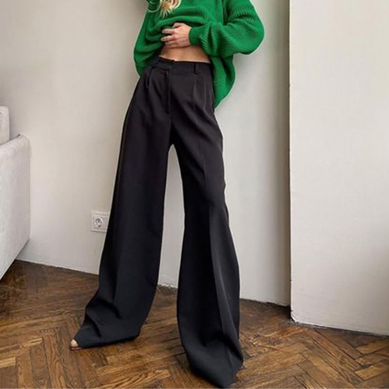 Spring and Autumn Season New Wide Legged Floor Dragging with Straight Drop Feeling Suit High Waist Casual Black Pants_voghion.com