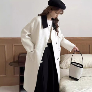 High-End Color-Blocked Double-Sided Cashmere Coat for Women, Korean Style Woolen Coat, Mid-Length, Autumn and Winter 2025 New Style