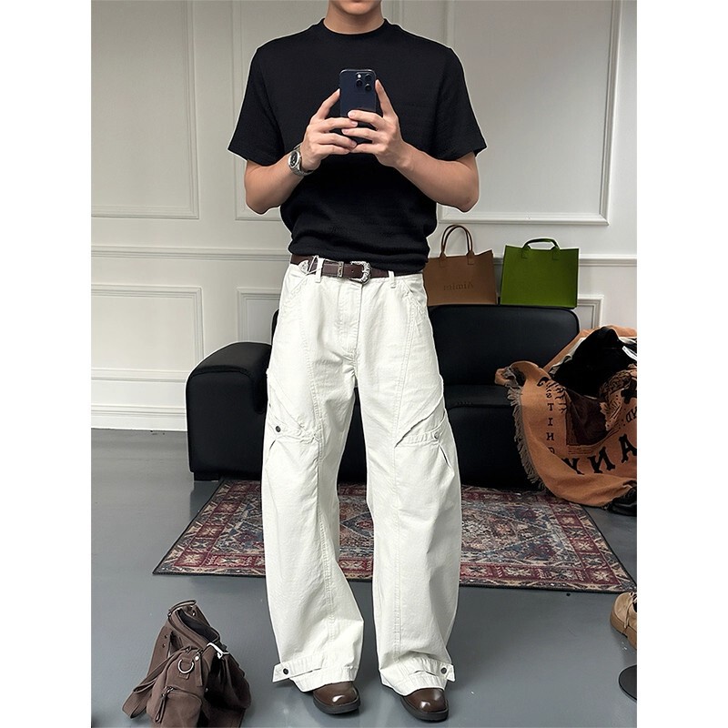Gray-White Vintage Washed Straight-Leg Cargo Pants for Men, Autumn American Style, Scimitar Long Pants, Loose Wide-Leg Casual Pants