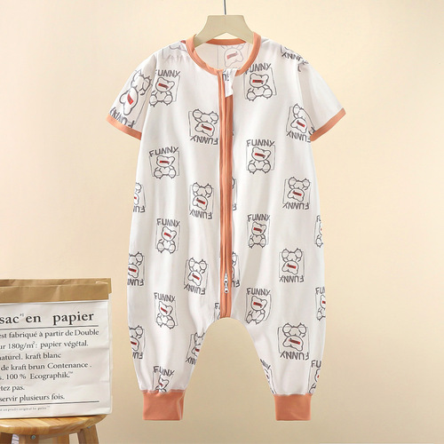 Summer children's cotton short-sleeved sleeping bag for men and girls, one-piece clothes, baby split leg climbing clothes, baby anti-kick quilt, home clothes