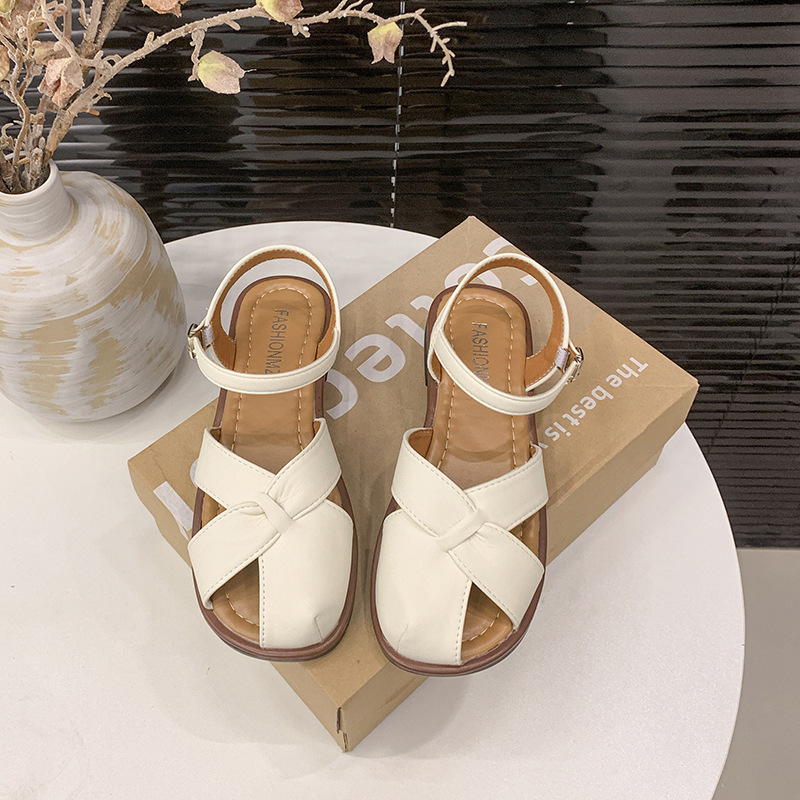 Baotou sandalias de mujer verano transpirable estilo nuevo tacon grueso de hadas estilo universal botón de playa zapatos de mujer