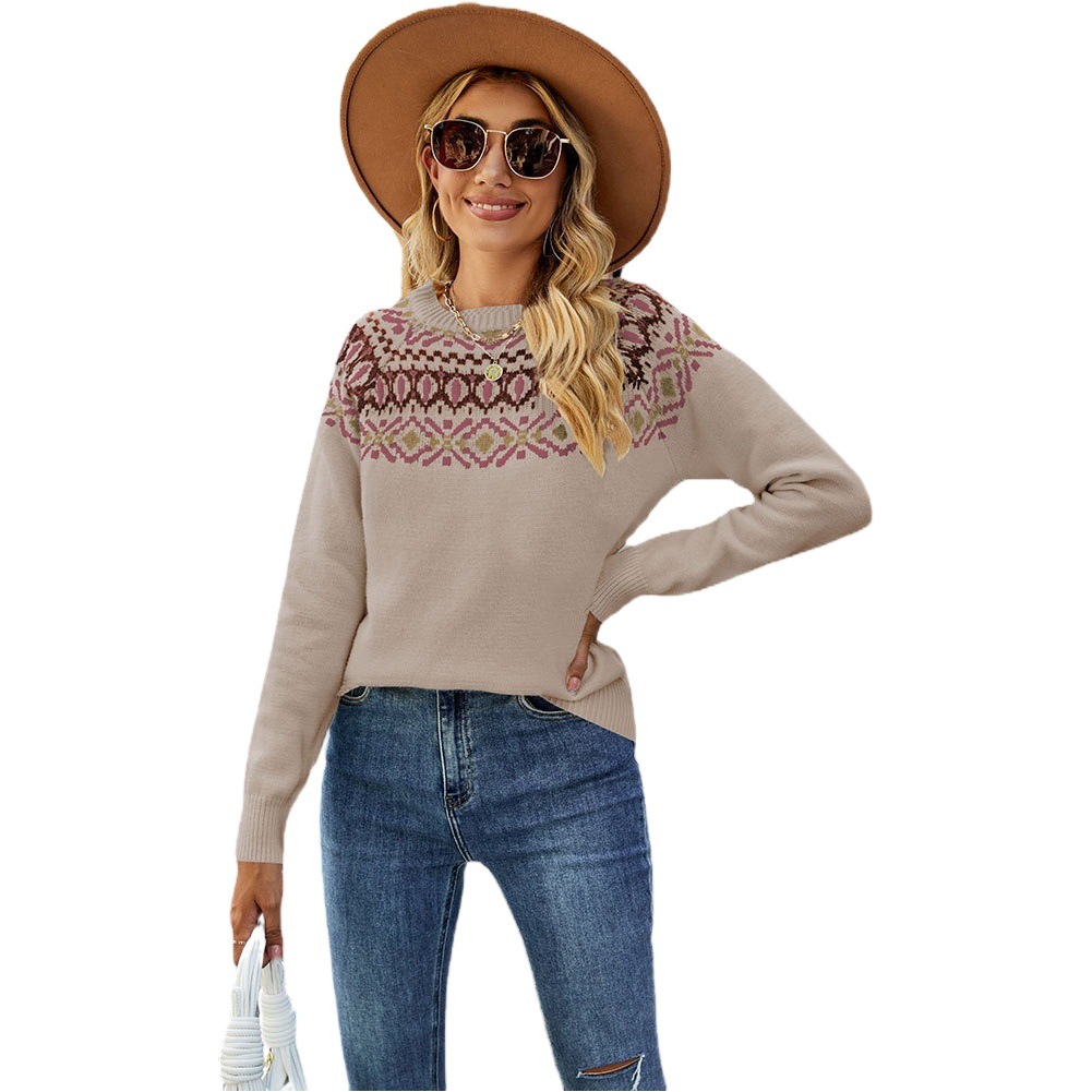 Suéter Jacquard Retro de Gran Tamaño con Cuello Redondo, Tejido de Punto, Estilo Europeo y Americano, Novedad Otoño-Invierno 2026, Éxito de Ventas en Amazon