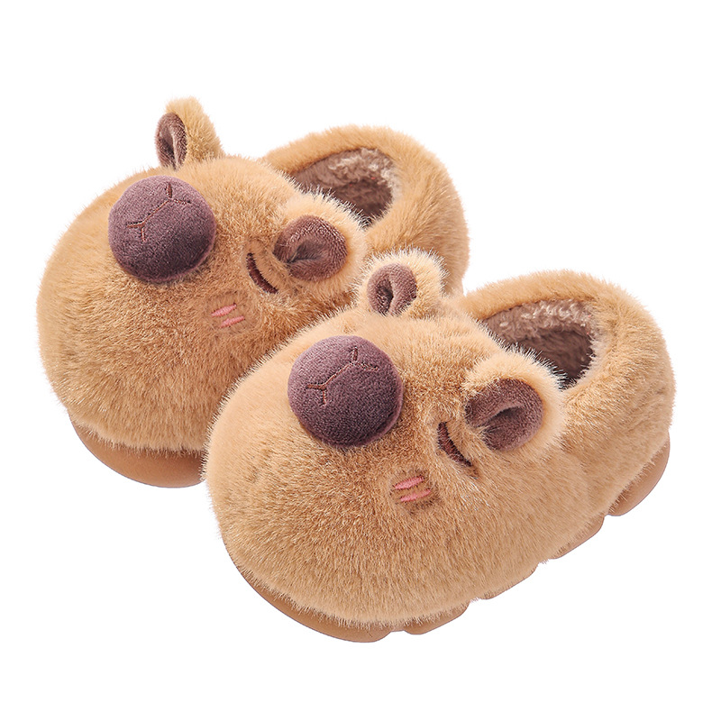Capibara invierno zapatillas de algodón para niños, calentamiento y peluche para padres e hijos en casa, bolsas de tacones de algodón para niños mayores