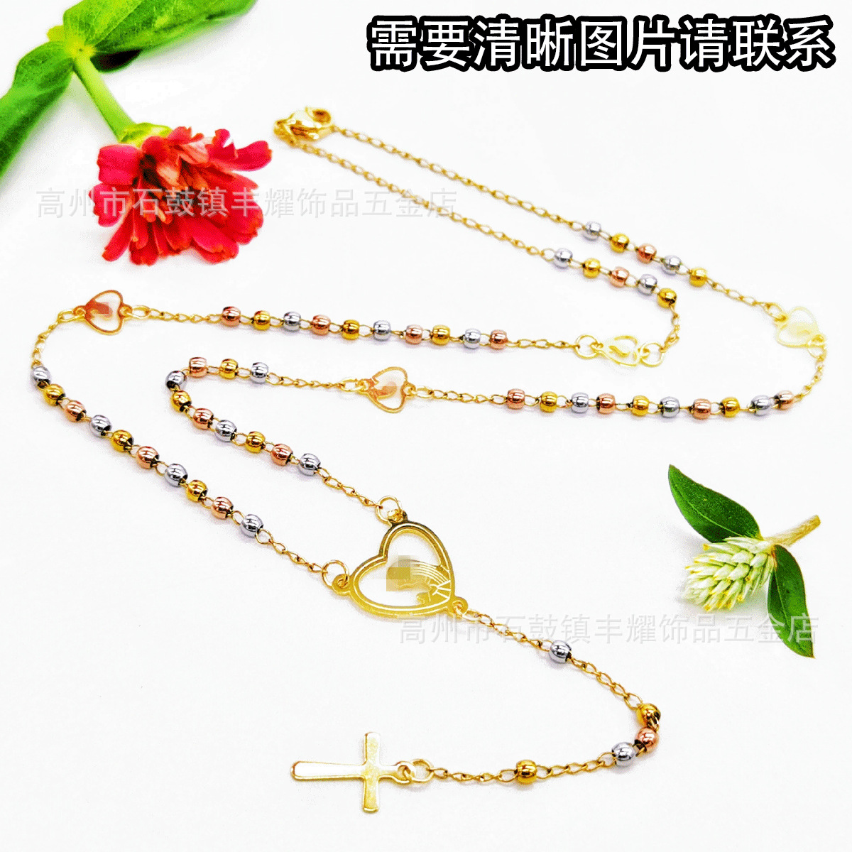 (3M acessorios en forma de corazón) un collar de 3mm de cuentas de acero inoxidable tallado en la salida de la cruz