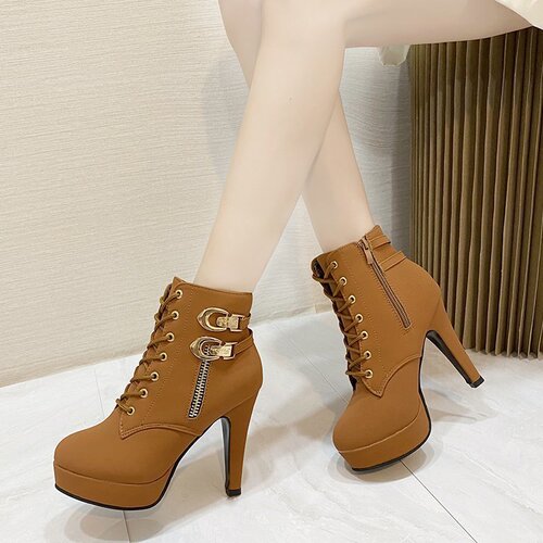 2025 Western and European Ultra-High Heels Thin Heel Round Toe Side Zipper Short Boots Women's Lacing Wide Size Martin Boots Trend