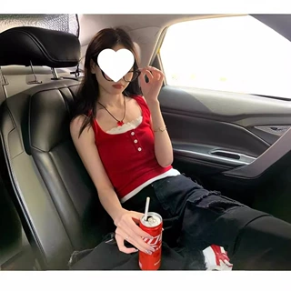 【260克人棉莫代尔】红色短款工字背心女蕾丝假两件无袖吊带上衣