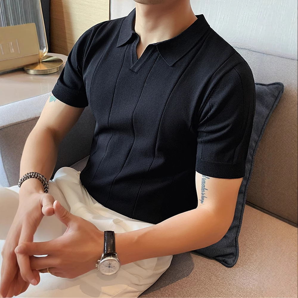 Camiseta de Manga Corta de Seda de Hielo para Hombre, Verano 2025, Nueva Camiseta de Negocios para Hombre, Elegante Polo de Punto con Cuello en V