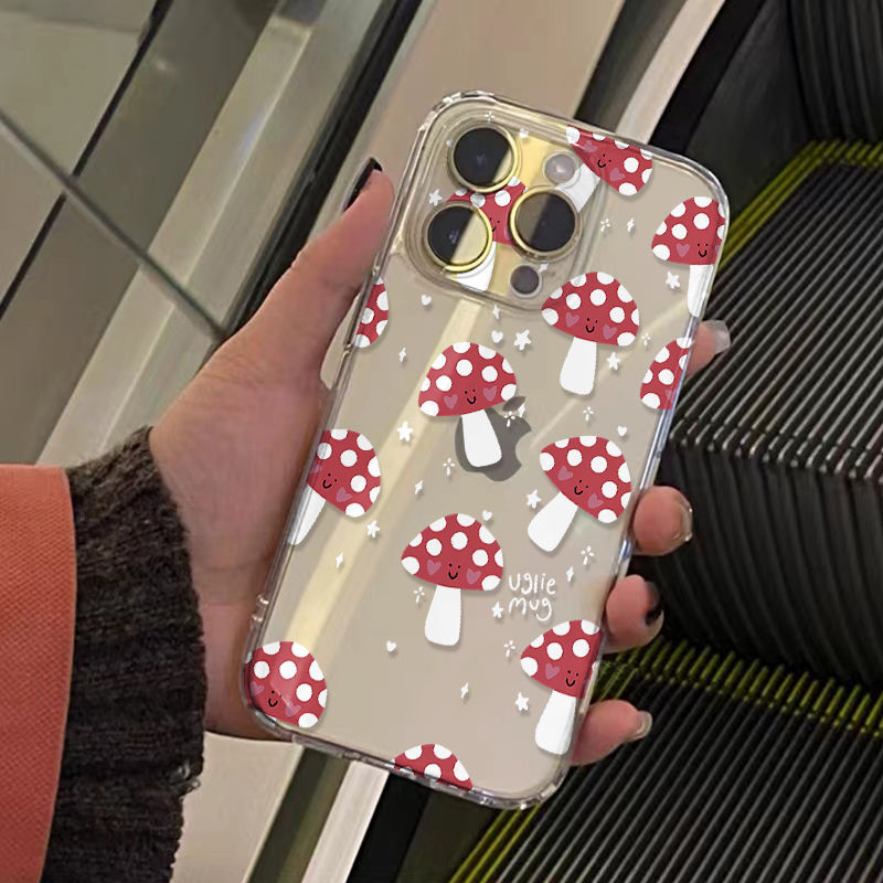 Han Feng Cute Mushroom for Apple 13 15Pro Max Phone Case Cartoon 16Pro Fine Hole Soft Case 7plus