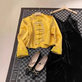 2254新中式禅意女装名媛高级感国风黄色盘扣时尚百搭外套