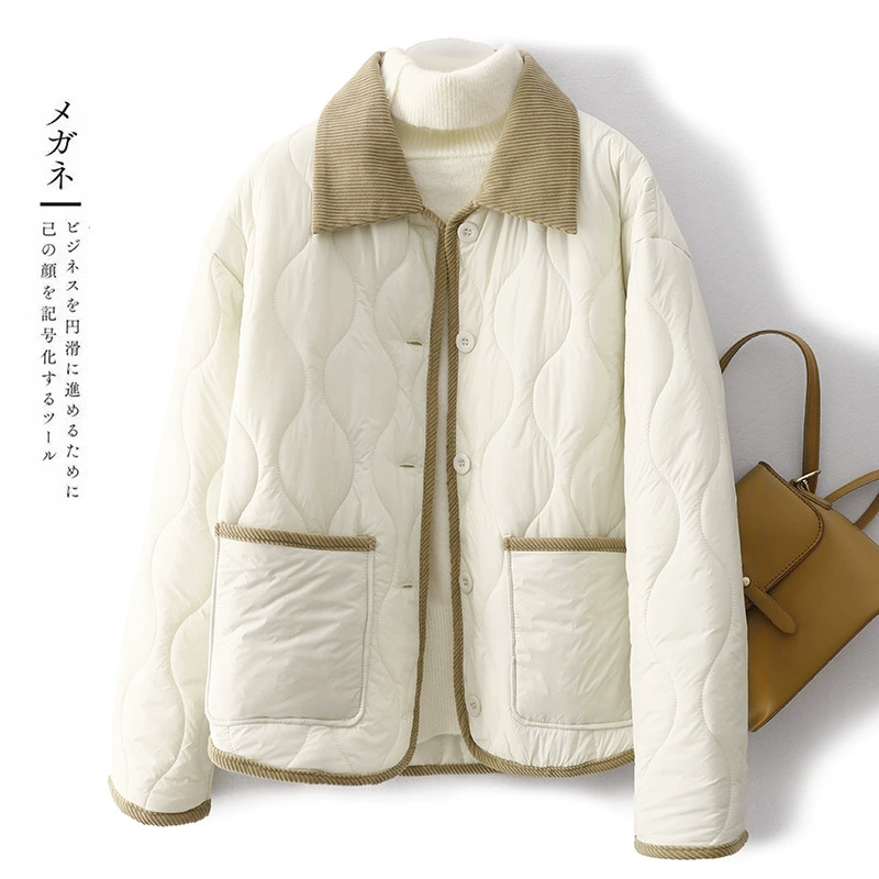 Реальный снимок 8017 # Легкая пуховая хлопковая куртка для женщин 2025, новая зимняя верхняя одежда с воротником-рубашкой из вельвета и ромбовидным узором