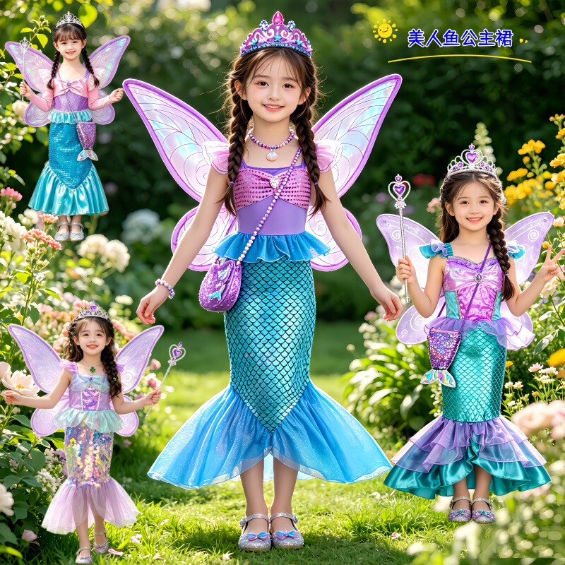 Children's Day New Mermaid Girl Princess Dress Performance Costume Birthday Fishtail Dress Sequined Wings Dress
