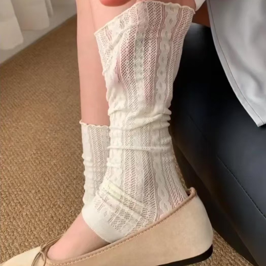 Figure-8 Shaped Leg Warmers Trendy Japanese Thigh-High Socks with Long Boots High-Top Lace Trim Leg Warmers Toe-Less Socks