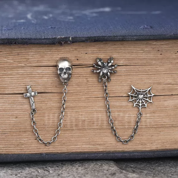 Dark Night Amazon S925 Pure Silver Skull Cross Earrings for Men and Women, Spider Web Heart Ear Threader Earrings