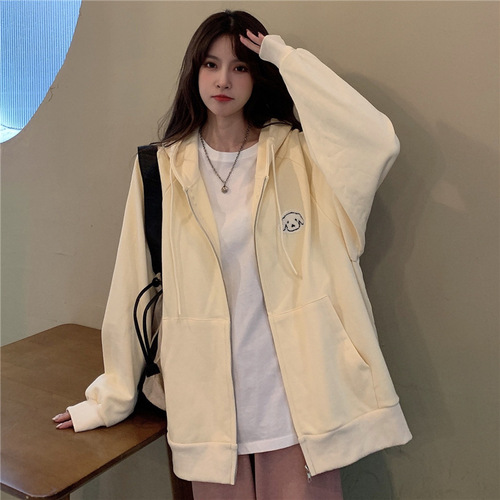 Sweater jacket women's 2022 autumn and winter new style plus velvet thickening loose bf Harajuku style hooded cardigan top ins trend