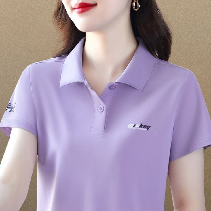 Ice Silk Turn-Down Collar Short-Sleeve T-Shirt for Women, Summer Plus-Size Middle-Aged Mom's Collared Top, Slimming Quick-Dry Polo Shirt