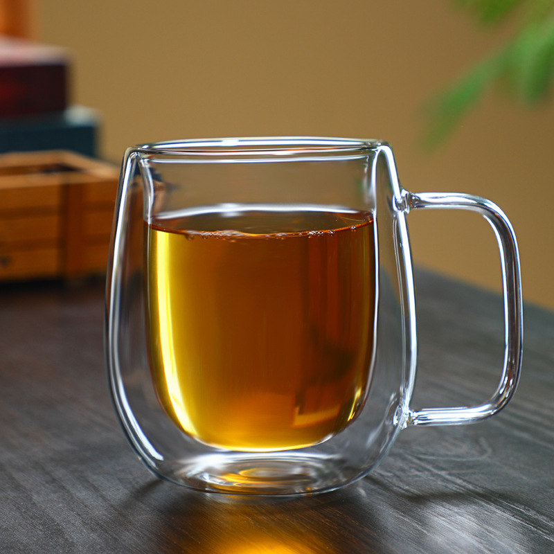 Vaso de agua de vidrio de borosilicato alto, taza de vidrio de doble capa, taza transparente simple con asa, taza de café, taza para jugo, leche o té