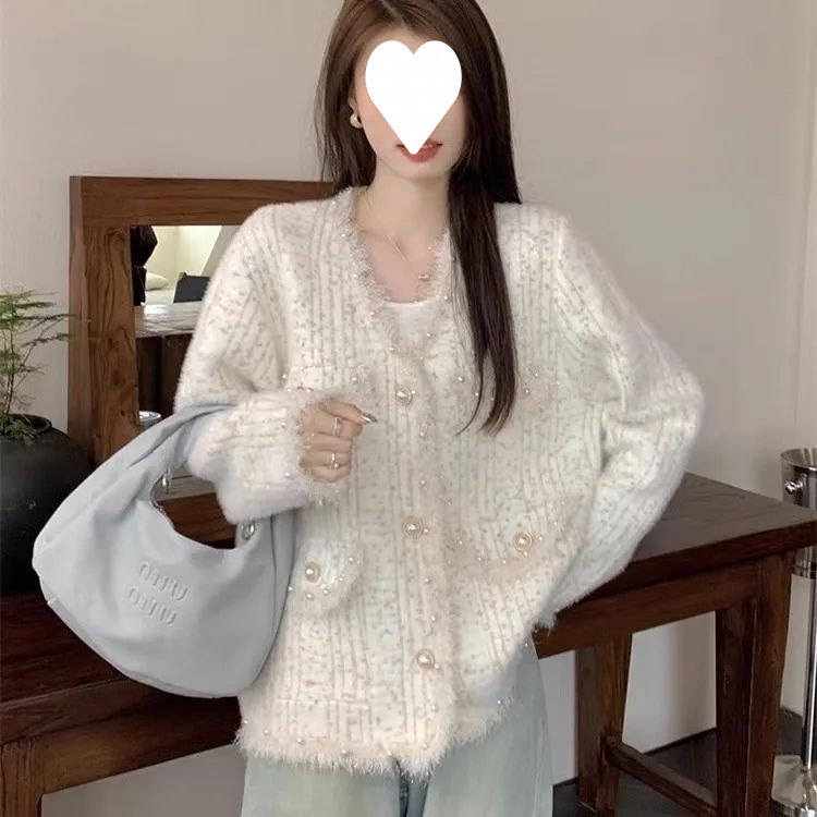 小香风名媛V领外套女款春季流苏钉珠毛衣珍珠扣针织开衫上衣